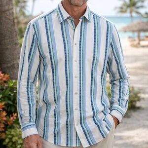 Tommy Bahama Silk Blend Button Down Shirt Size M Blue White Plaid Stripe Casual